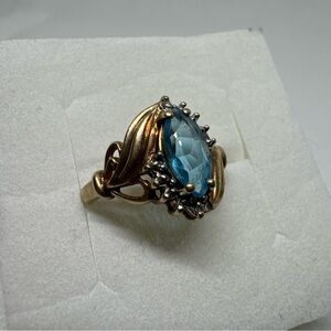 Vintage 10K Gold Marquise Blue Topaz & Diamond Ring Size 6.75 Gemstones 2.77g